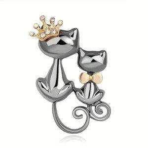 Queen Cat Couple Rhinestone Brooch Pin Stylish bowtie princess crown